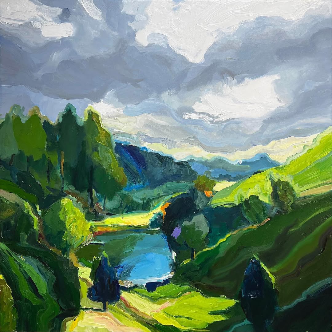 Impressionist landscape painting showing green valley with blue lake winding through hills under cloudy sky