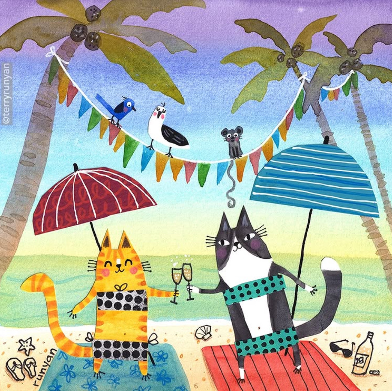Illustration of two cats on a beach with umbrellas, palm trees, and colorful bunting
