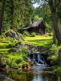 Wooden cabin in green forest with waterfall and stream in foreground