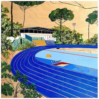 Painting of a blue athletic running track with stadium bleachers and trees in the background