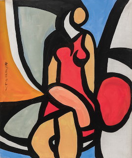 Abstract painting of seated woman in red dress with bold black lines and colorful geometric shapes