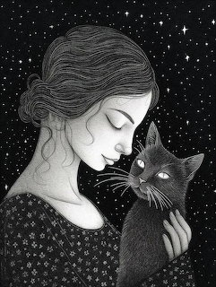 Black-and-white illustration of a woman in profile holding a dark cat against a starry background