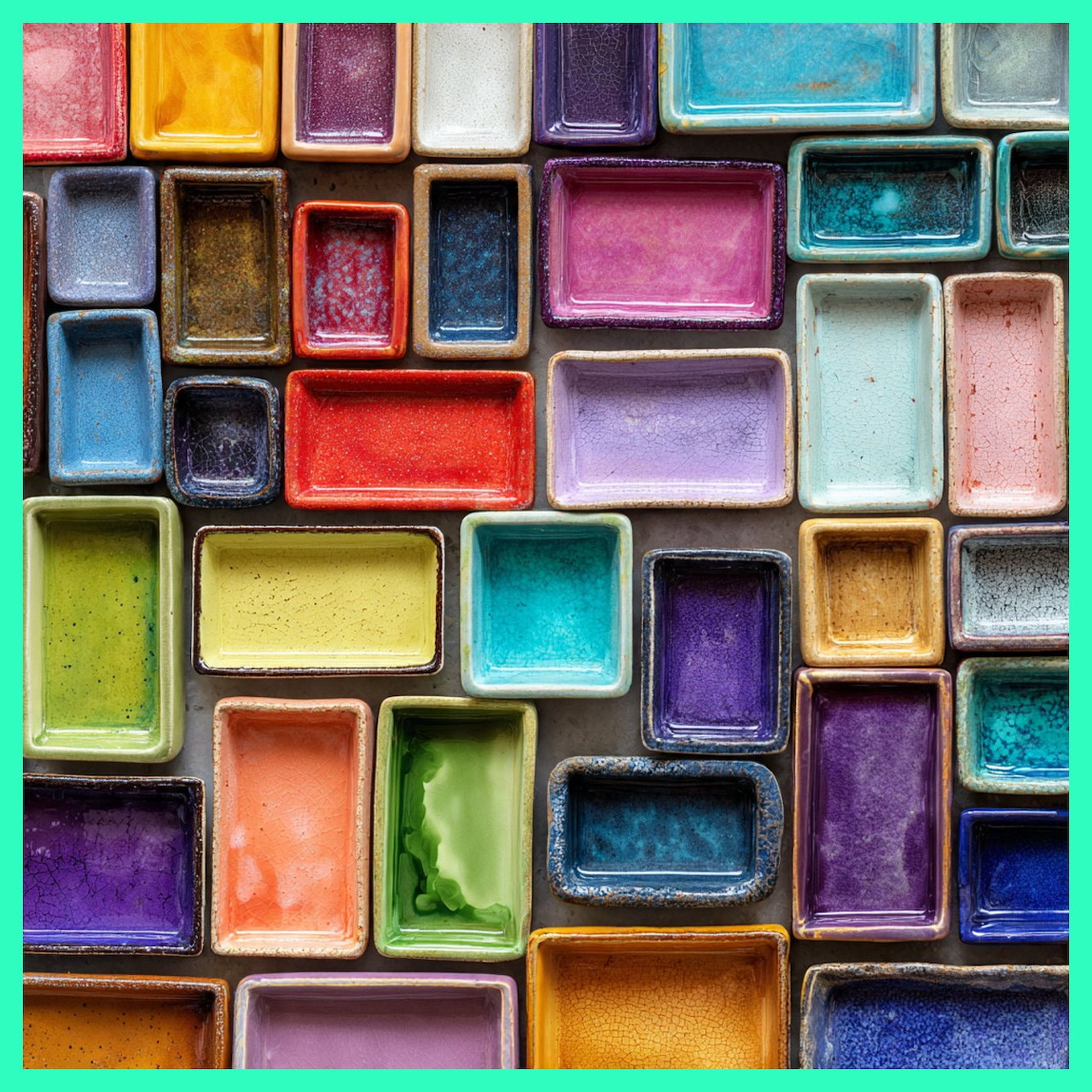 Overhead view of colorful rectangular ceramic bowls arranged in a grid pattern with various bright colors