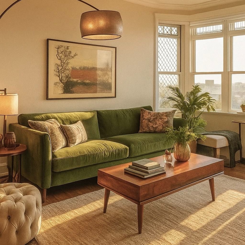 Living room with green velvet sofa, wooden furniture, arc lamp, and large windows with natural light