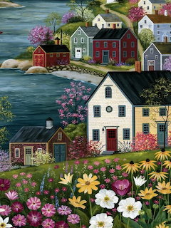 Folk art painting of a coastal village with colorful houses, flower gardens, and a blue harbor