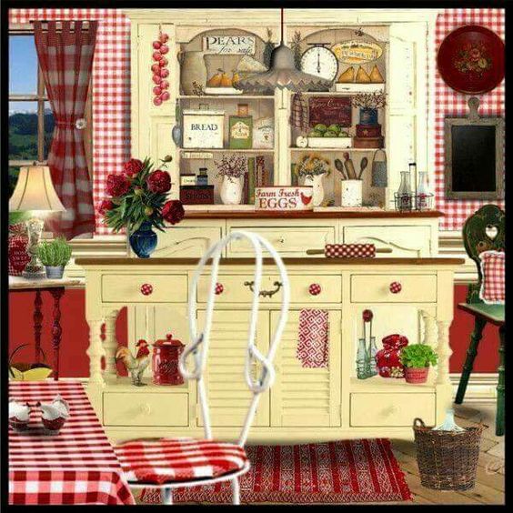 Country kitchen interior with cream cabinet, red gingham curtains, flowers, and rustic shelf decor
