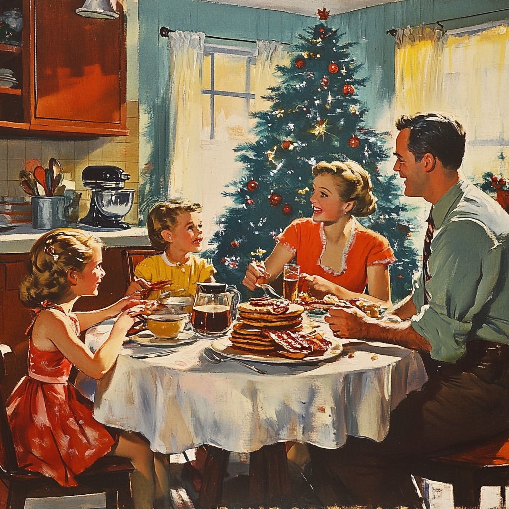 Vintage illustration of family enjoying Christmas dinner together with decorated tree in cozy home interior
