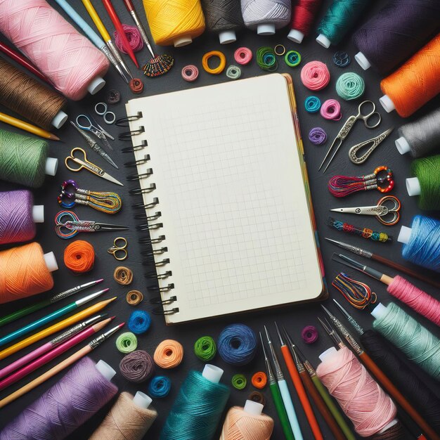 Blank spiral notebook surrounded by colorful sewing supplies on a black background