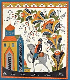 Folk art illustration of a man on horseback near colorful buildings with ornate floral patterns