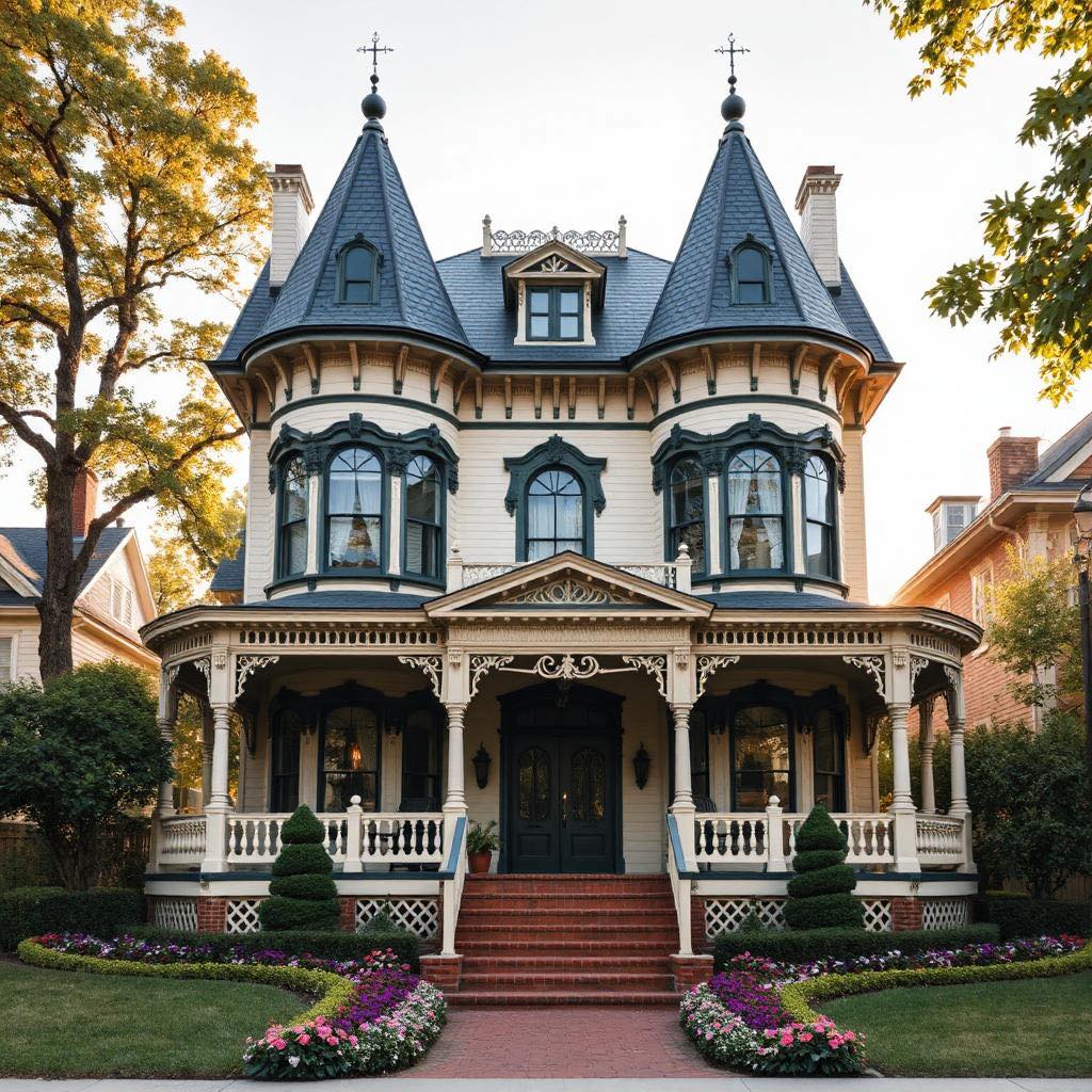 Grand Victorian mansion with twin turrets, ornate porch, and manicured garden framed by autumn trees