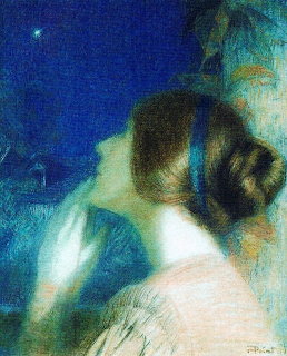 Symbolist painting of a woman in white against a starry blue night sky with soft, luminous colors