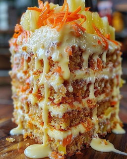 Tall layered carrot cake with cream cheese frosting dripping down sides, topped with shredded carrots