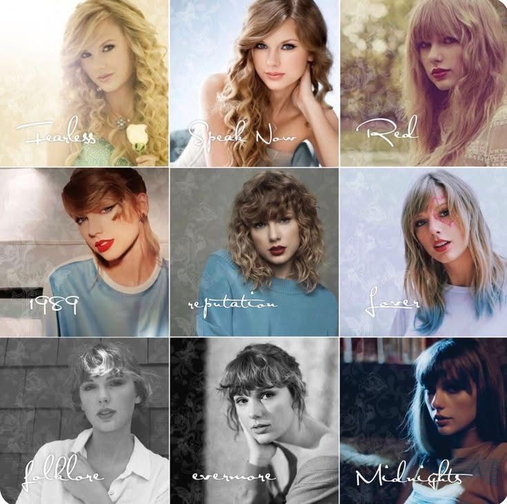 Collage of nine Taylor Swift portrait photos with varied hairstyles and soft colors