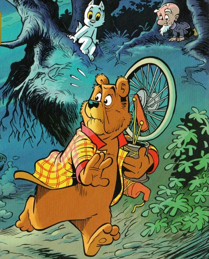 Cartoon illustration of Heer Bommel, Tom Poes and friends standing together