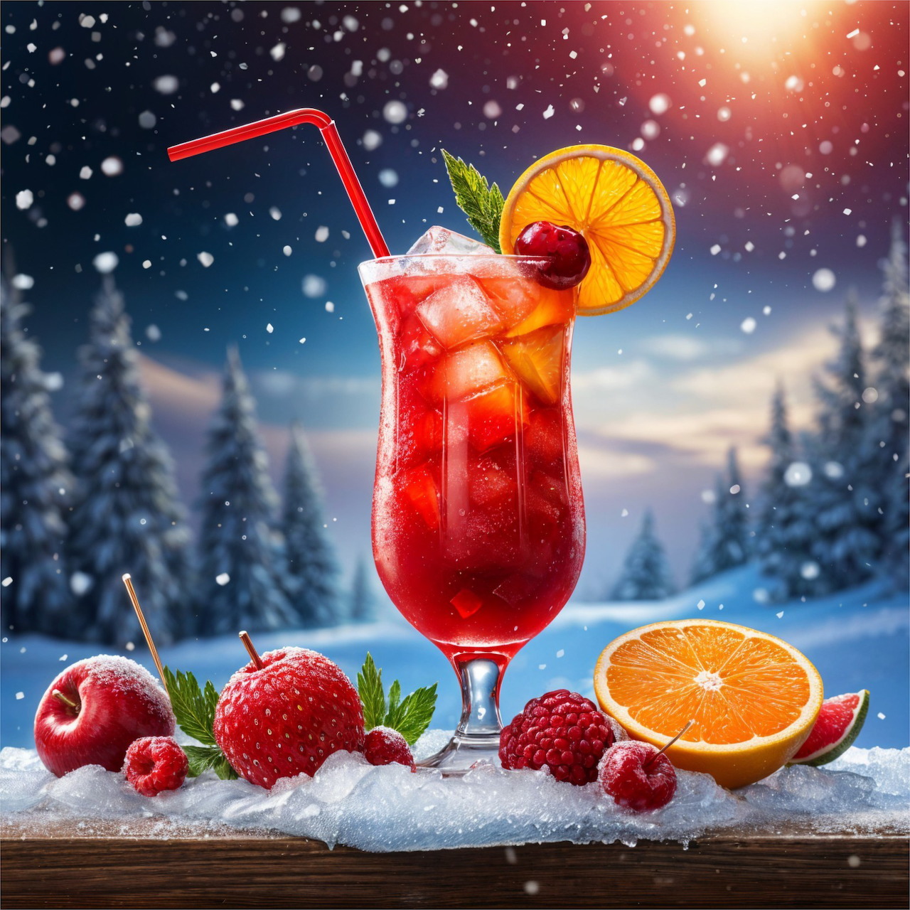 Red iced cocktail with orange slice, cherry, and berries in snowy winter scenery