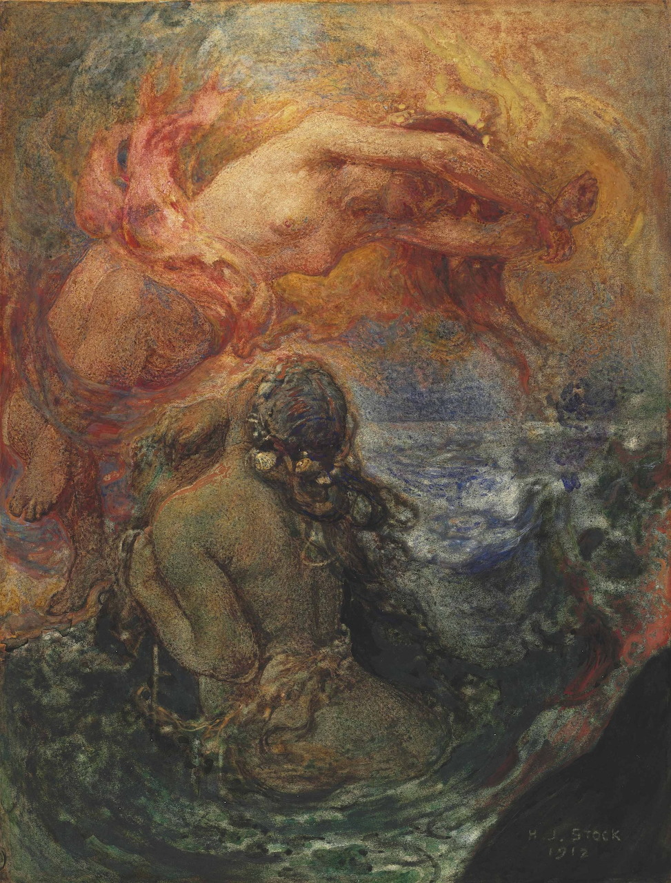 Symbolist painting of a fiery figure above the sea and a dark figure seated on coastal rocks
