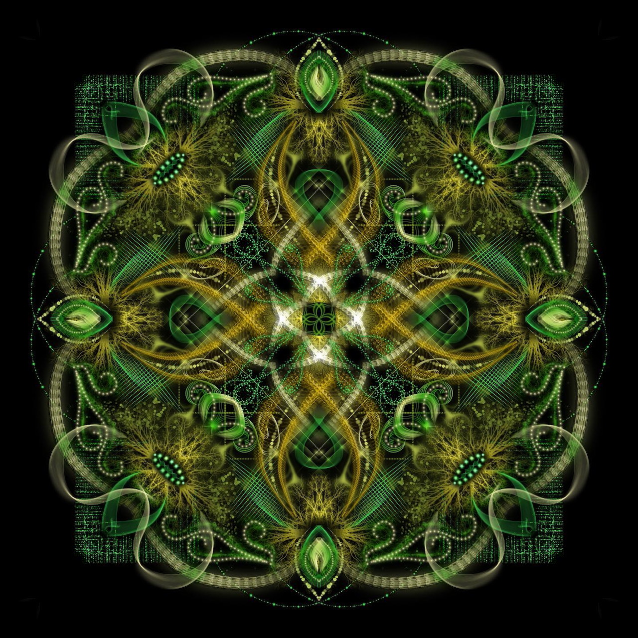 Ornate green and gold mandala with symmetric geometric patterns and Celtic knots on black background