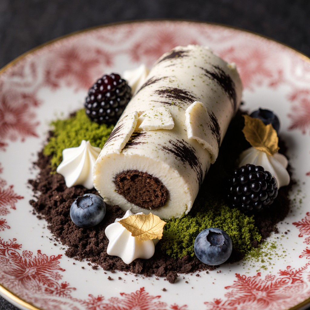 Chocolate Swiss roll with blackberries, blueberries, and meringue on ornate pink plate