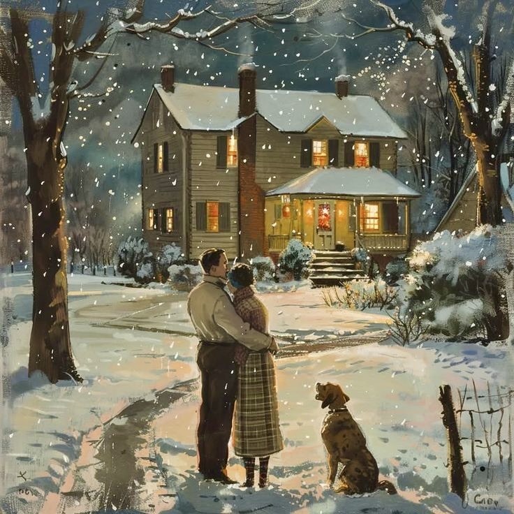 Couple and dog viewing a lit house in snowy winter evening scene