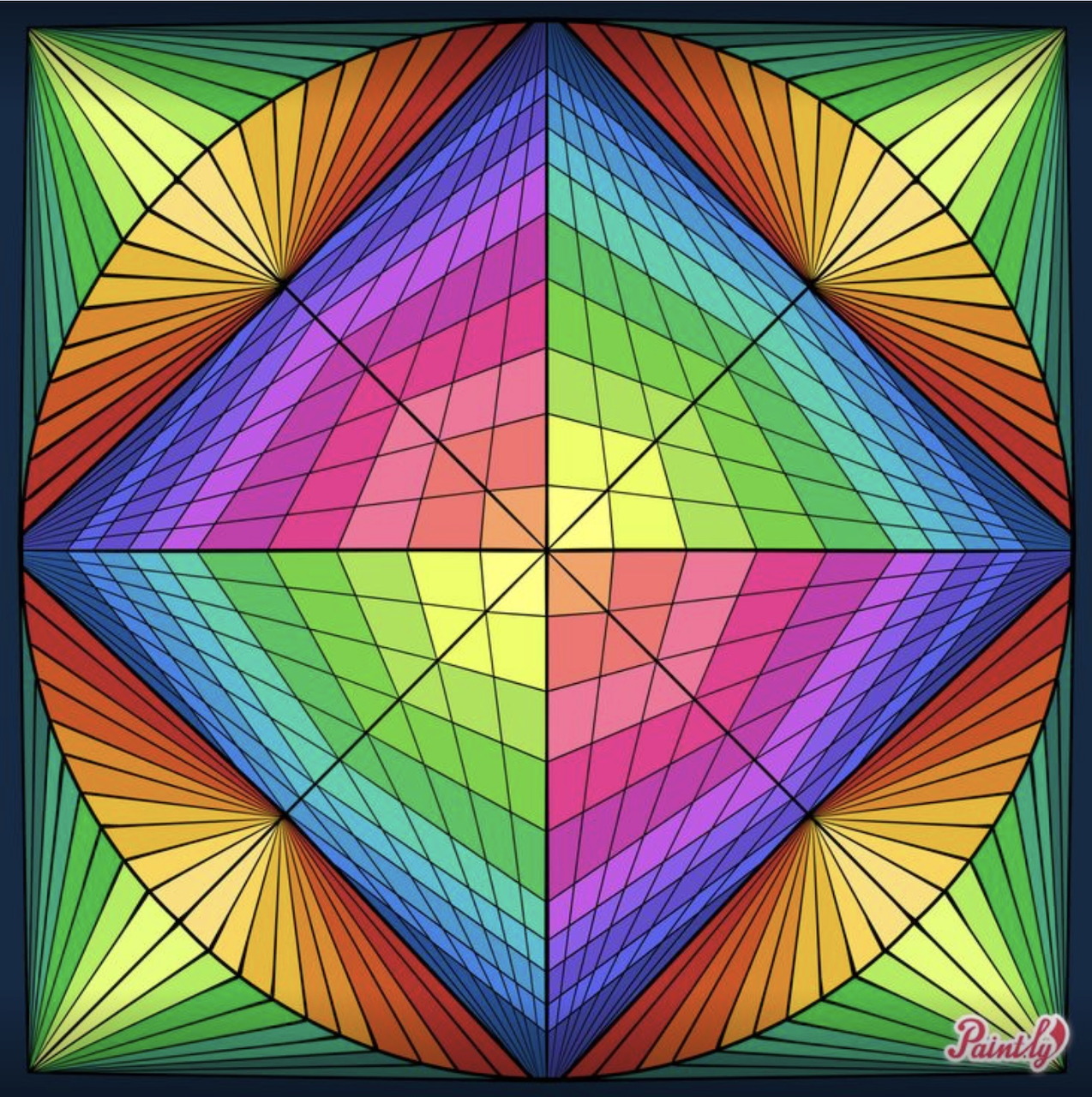 Symmetrical rainbow geometric mandala with radiating triangular patterns in stained glass style