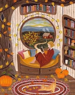 Illustration of a woman reading in a cozy tree nook with round window showing autumn landscape, bookshelves, and a cat