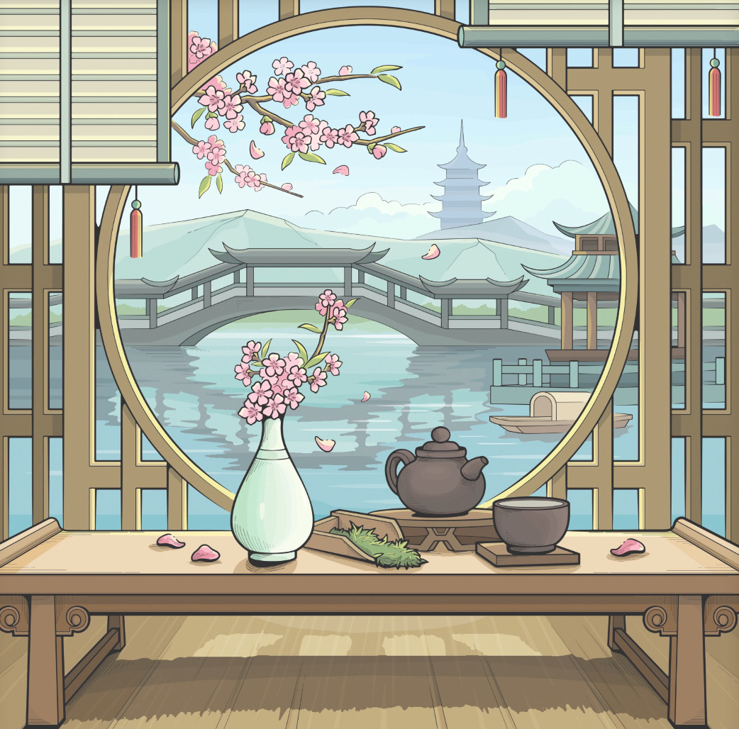 Illustrated Japanese room with circular window, cherry blossoms, bridge, pagodas, and tea set
