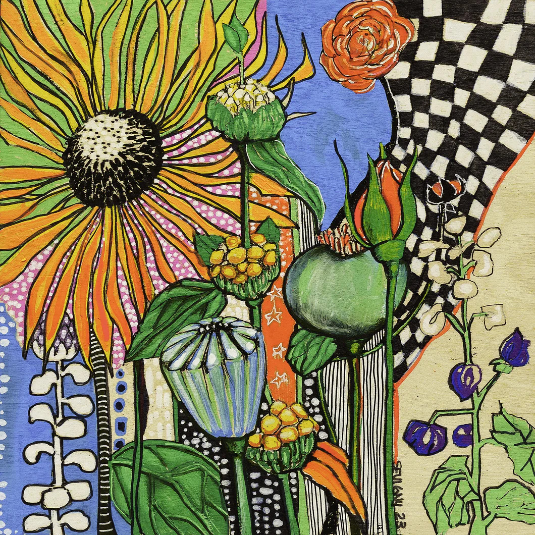 Colorful whimsical illustration of abstract flowers and seed pods with checkerboard and striped patterns