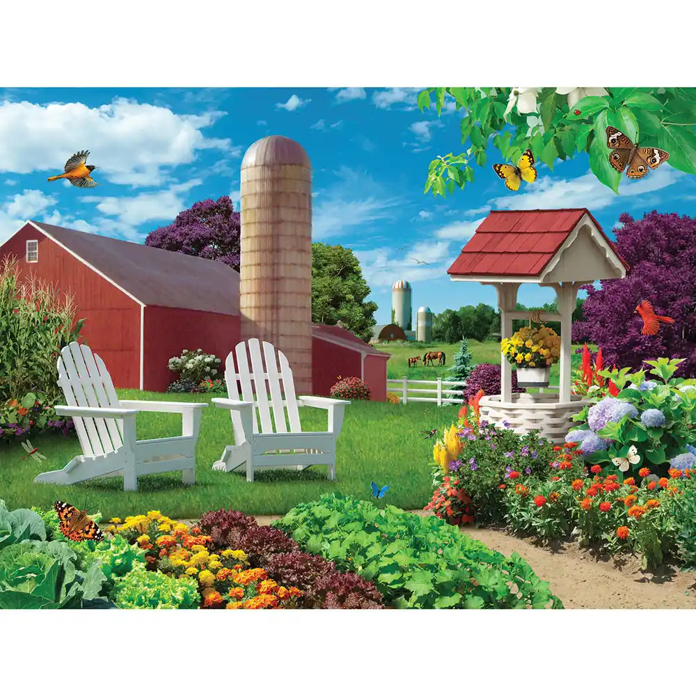 Colorful farm garden with red barn, silo, white chairs, flowers, and a wishing well