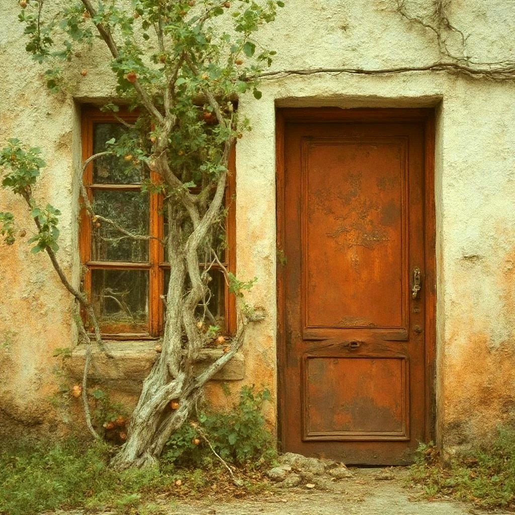 Rusty orange door and window on old building wall with twisted tree trunk and green vines growing alongside