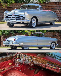Collage of three views of a 1951 Hudson Hornet convertible showing exterior and interior