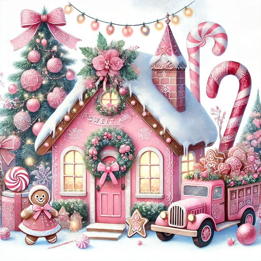 Pink gingerbread house with candy canes, Christmas tree, ornaments, and toy truck in festive winter scene