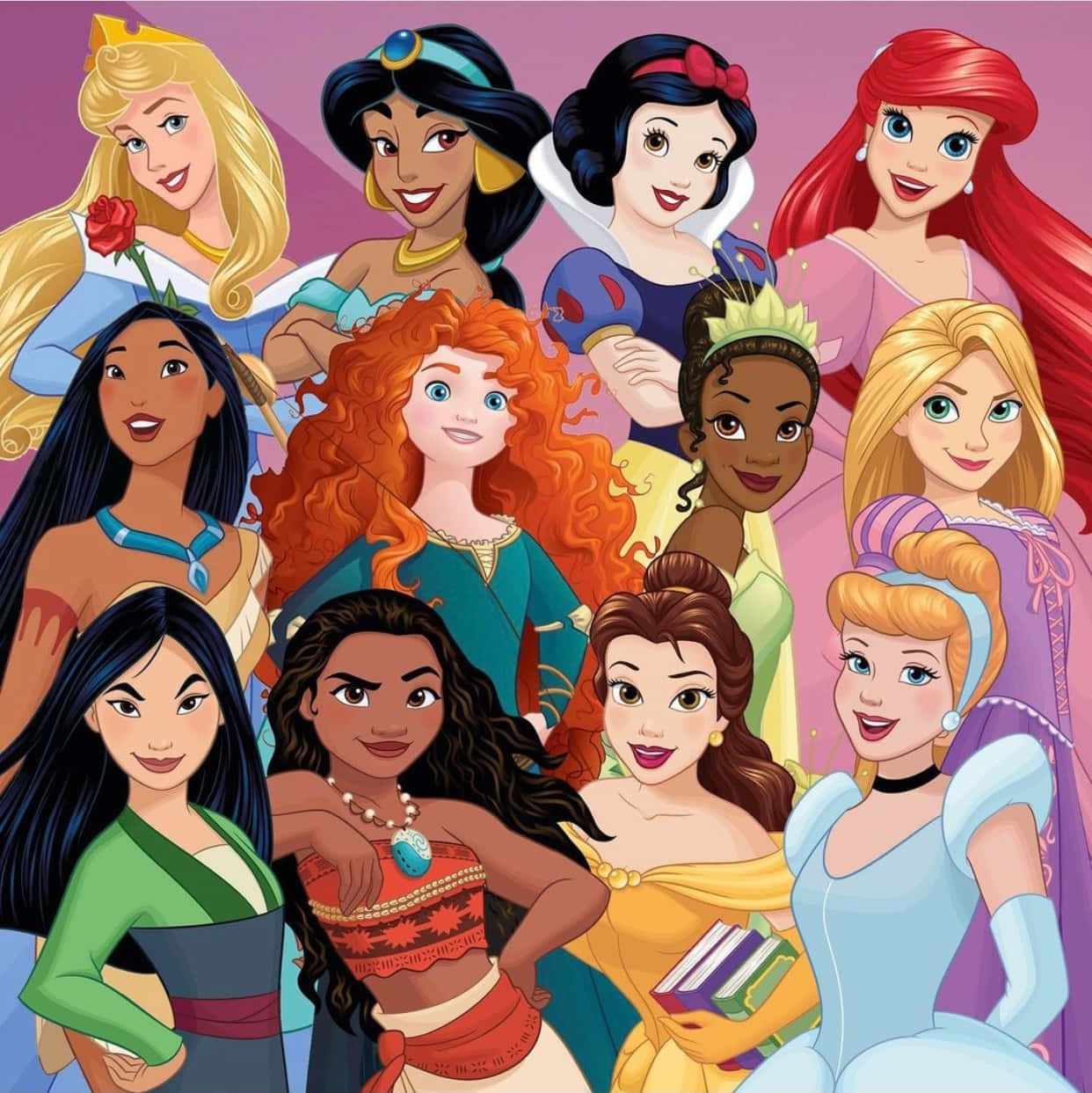 Twelve Disney princess characters in a colorful illustrated grid arrangement