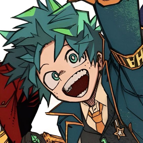 Anime close-up of Izuku Midoriya smiling with green spiky hair and a school uniform