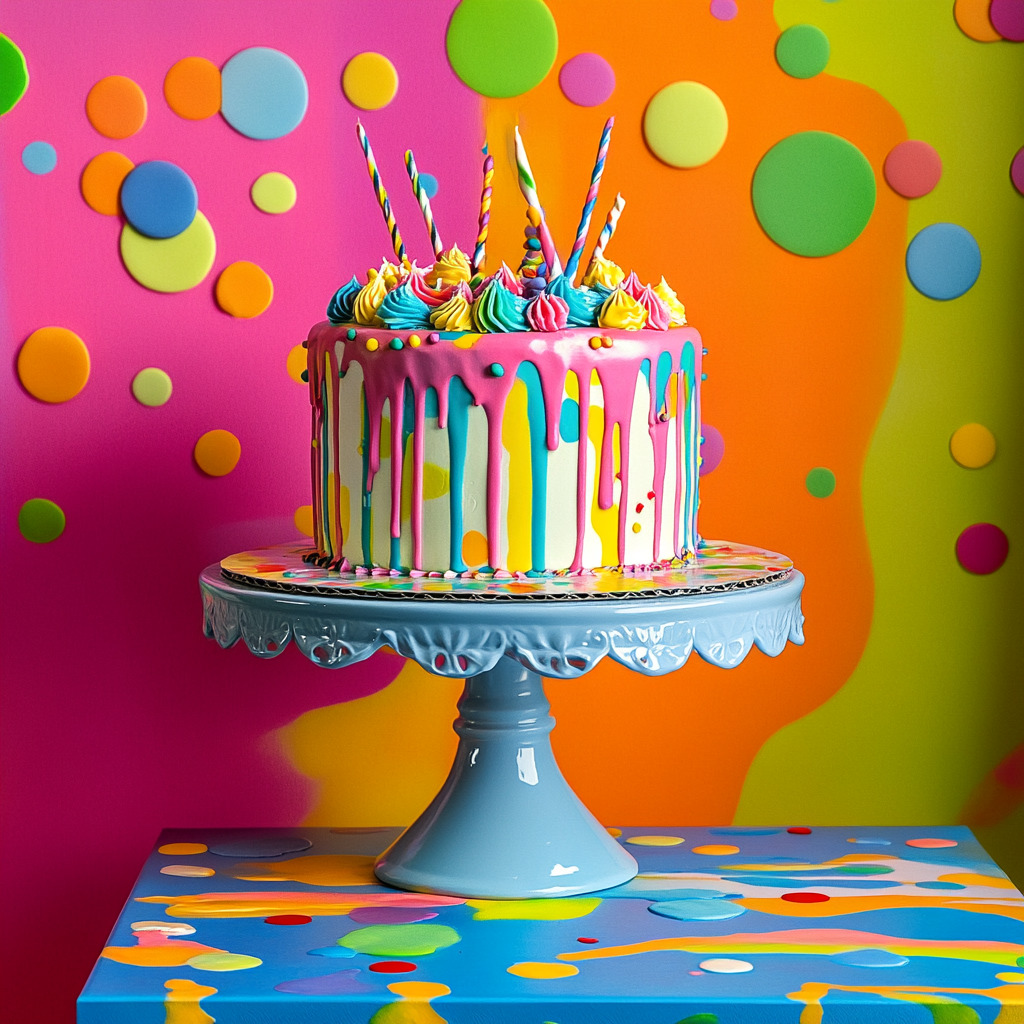 Colorful birthday cake with rainbow drip icing and lit candles on blue stand with polka dot background