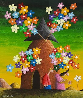 Two figures standing by a stone windmill bursting with colorful flowers, painted in Coplu's whimsical style
