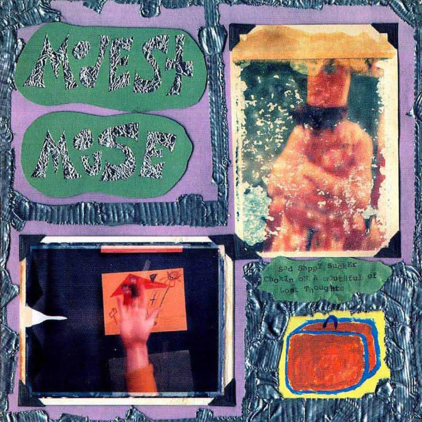 Abstract collage artwork with textured frames, text panels, a blurred figure, and a hand