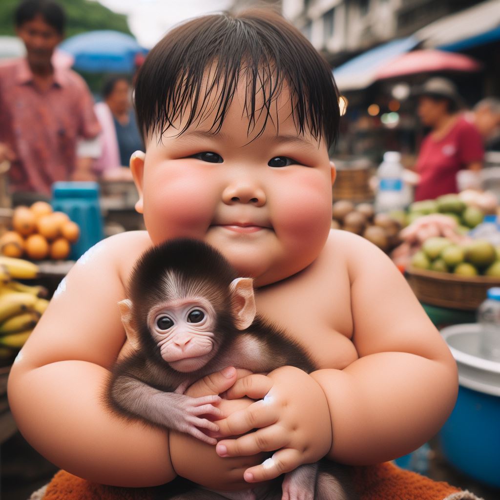 Smiling baby boy holding a small monkey at an outdoor market