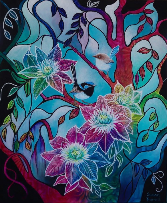 Colorful painting of hummingbirds, pink and blue flowers, winding branches, and leaves.