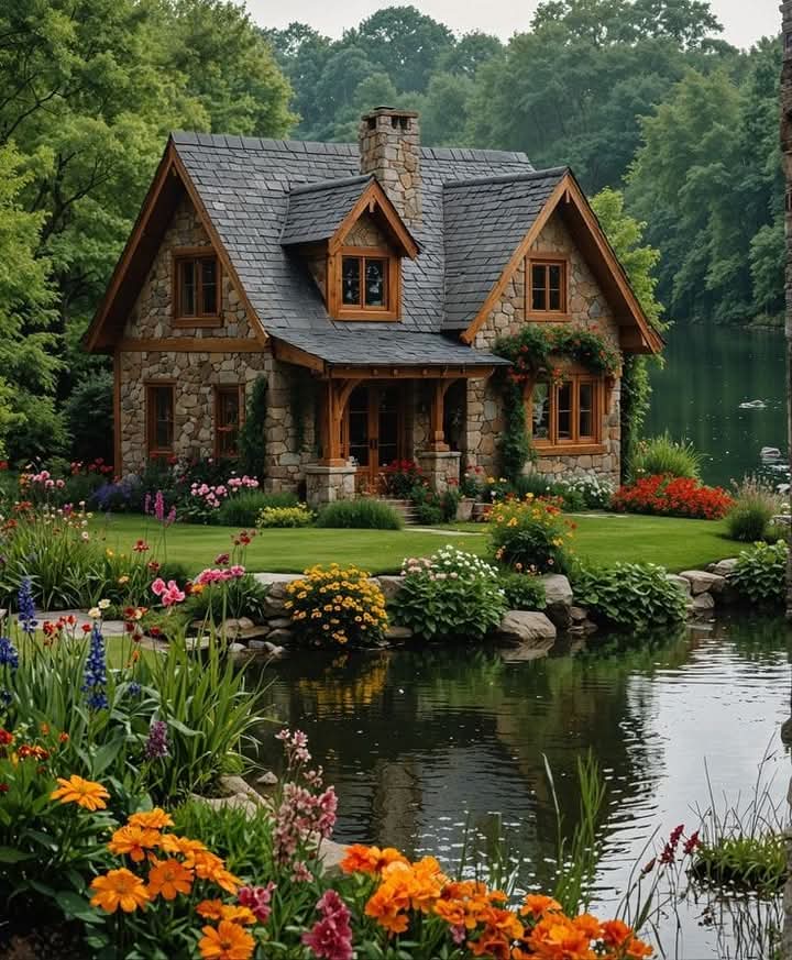 Rustic stone cottage with slate roof beside a peaceful lake surrounded by colorful flower gardens and trees
