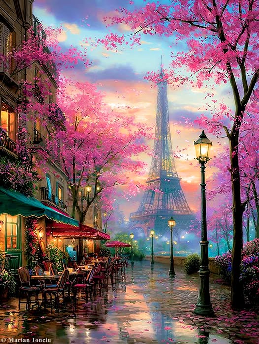 Painting of a Paris street with cherry blossoms, café, street lamps, and Eiffel Tower at sunset