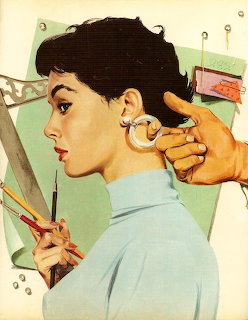 Vintage illustration of woman with dark hair in profile holding rotary phone, wearing hoop earrings and blue blouse