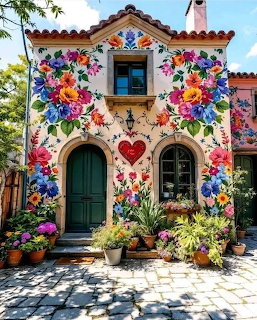 Pink cottage with colorful painted flowers surrounding windows and door, potted plants in front