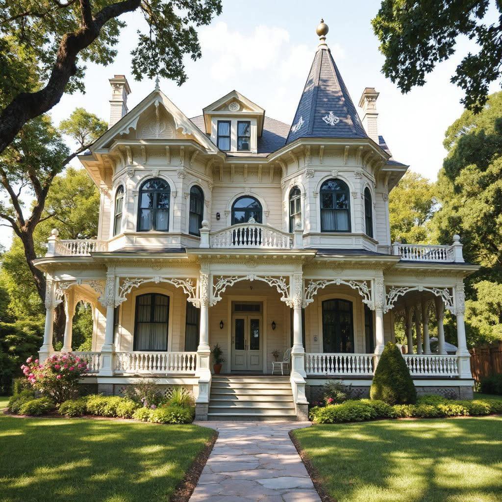 Large Victorian house with ornate porch, turret, trees, and front lawn