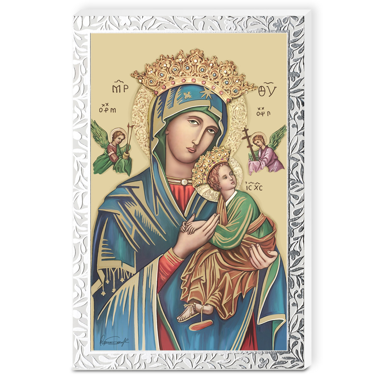 Religious icon of the Virgin Mary holding the Christ Child with angels and a silver decorative border