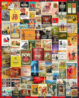 Collage of vintage whiskey and scotch bottle labels and advertisements in various colors and retro designs