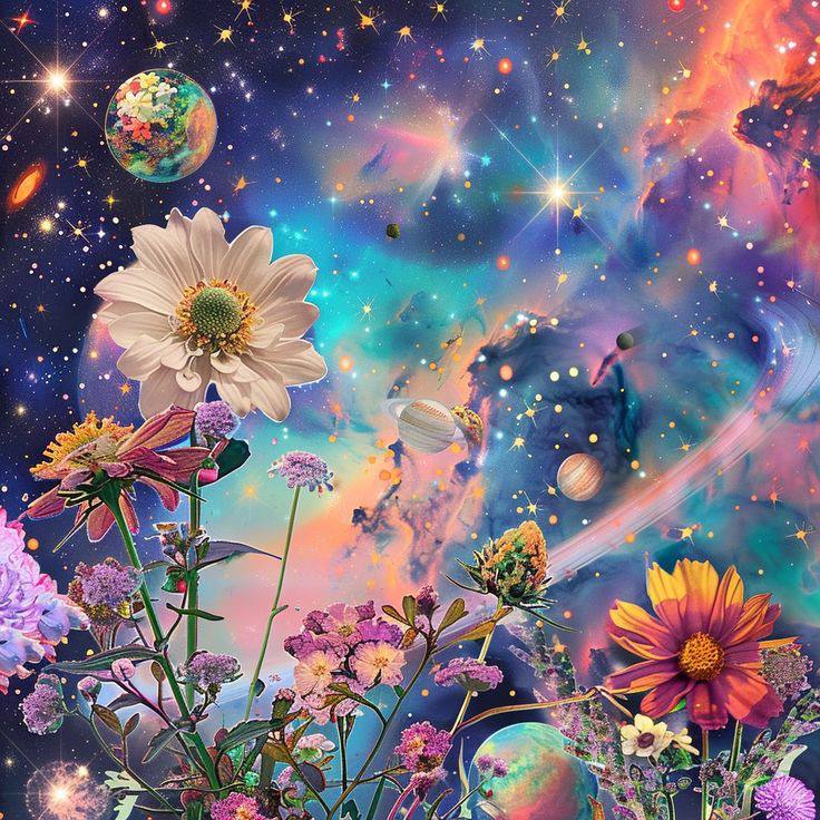 Surreal flowers in a colorful outer space scene with stars, planets, and nebula clouds