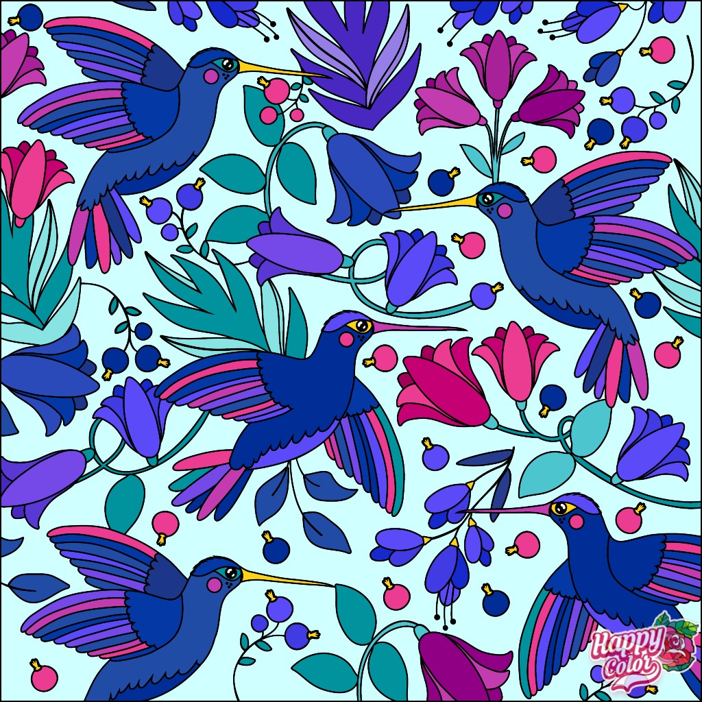 Blue hummingbirds with pink and purple flowers in a colorful repeating illustration