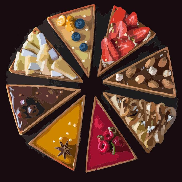 Illustration of assorted cheesecake slices arranged in a circle on a dark background