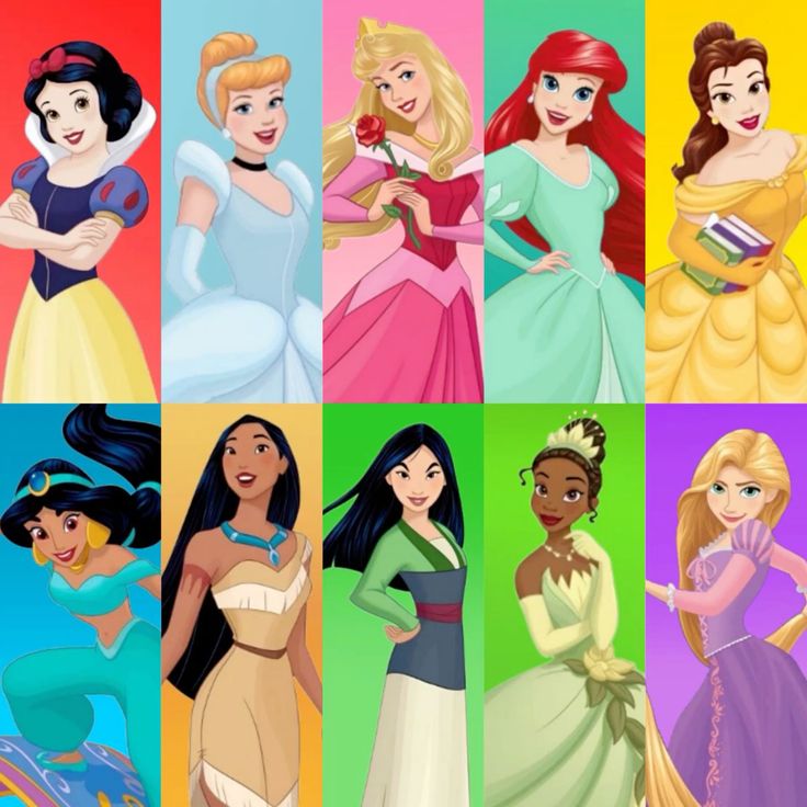 Ten Disney princess characters arranged in a colorful grid with bright backgrounds