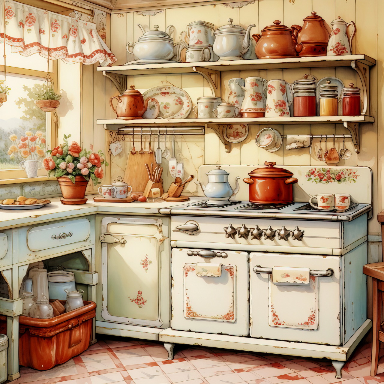 Vintage country kitchen with cream stove, open shelves with pottery, floral curtains, and rustic decor